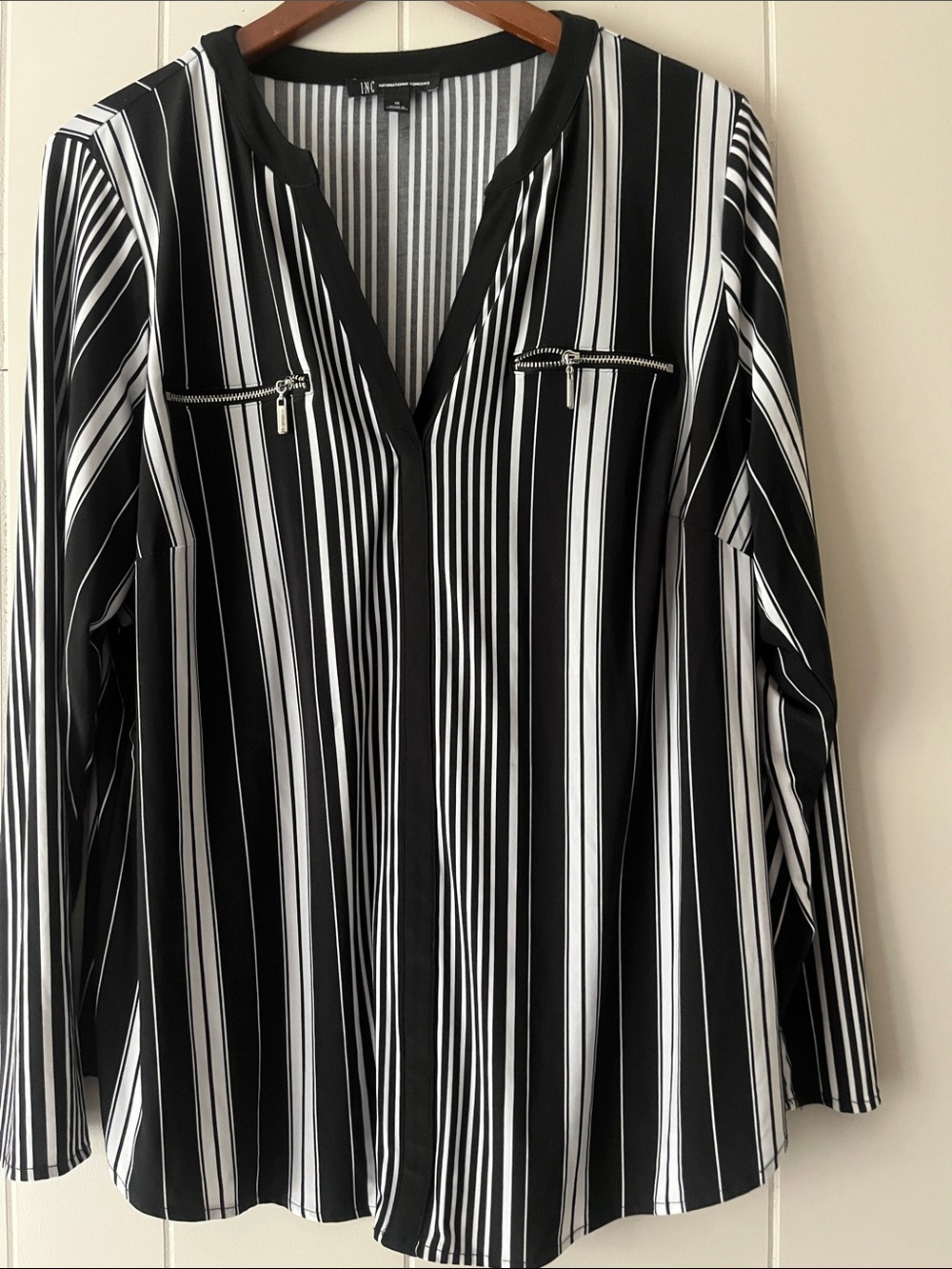 INC International Concepts Black & White Vertical Stripe Zip-Pocket Blouse